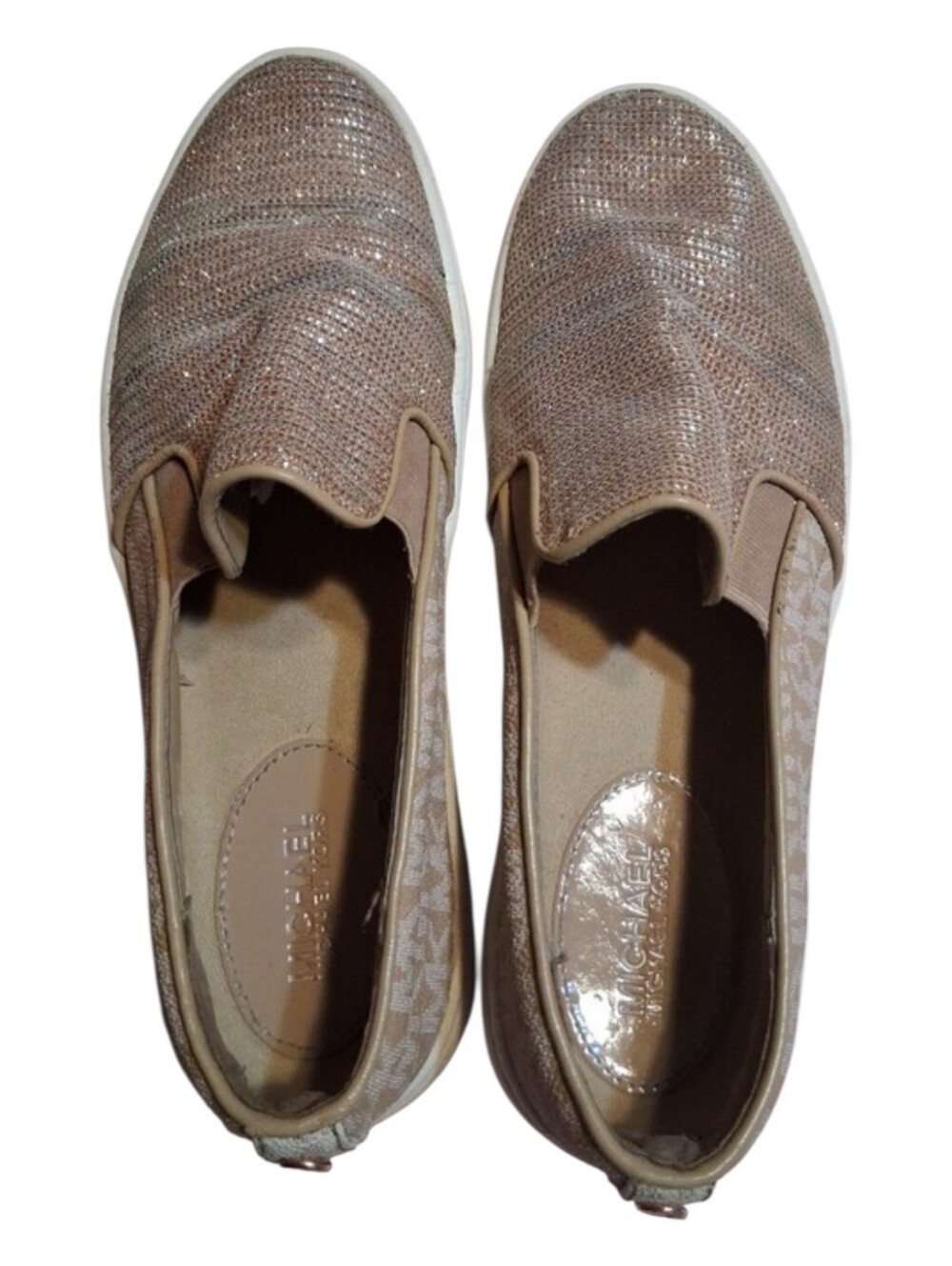 Michael Kors Keaton Rose Gold Glitter Signature Logo Slip On Sneakers 7.5M